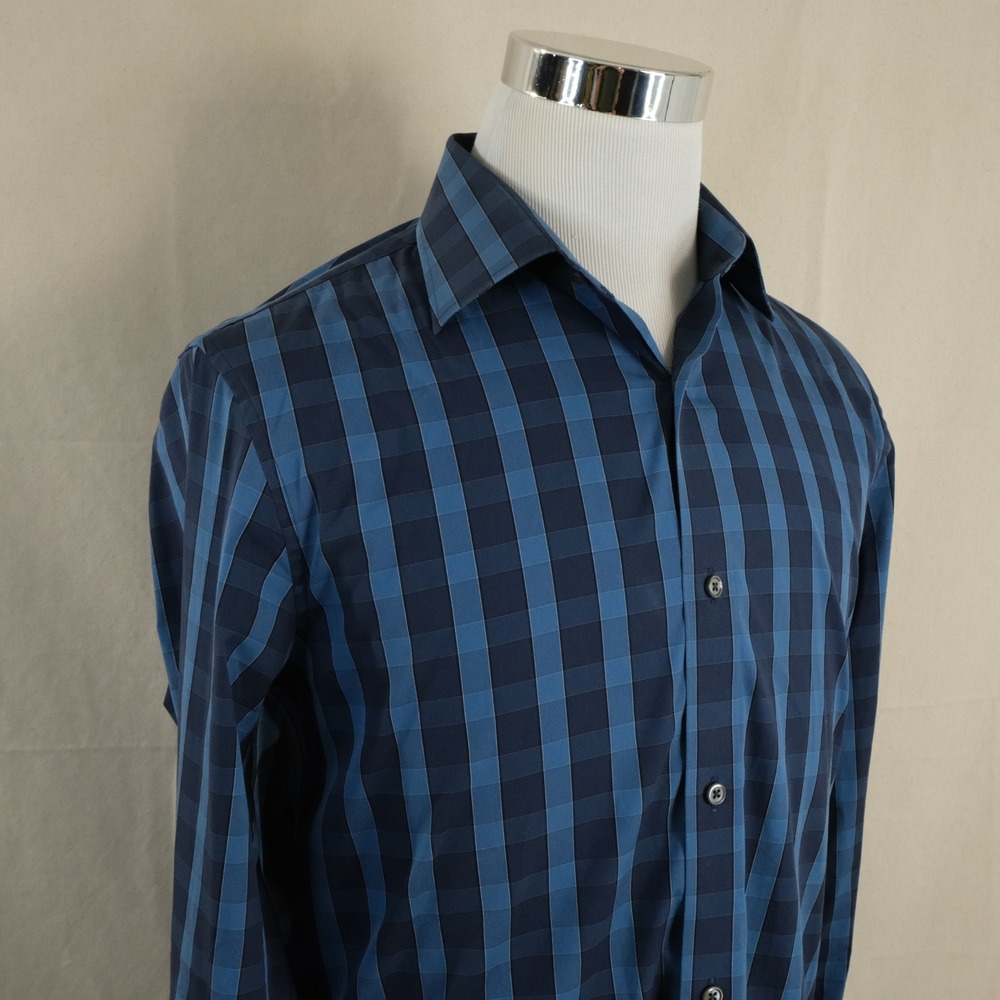 Bonobos 16 36 Tailored Slim Fit Dress Shirt Blue Plaid Stretch Cotton Blend Mens